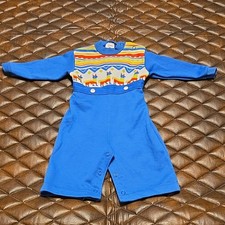 Vintage 1970s Carter's Blue Festive Long Sleeve Romper with Llamas 6-18M