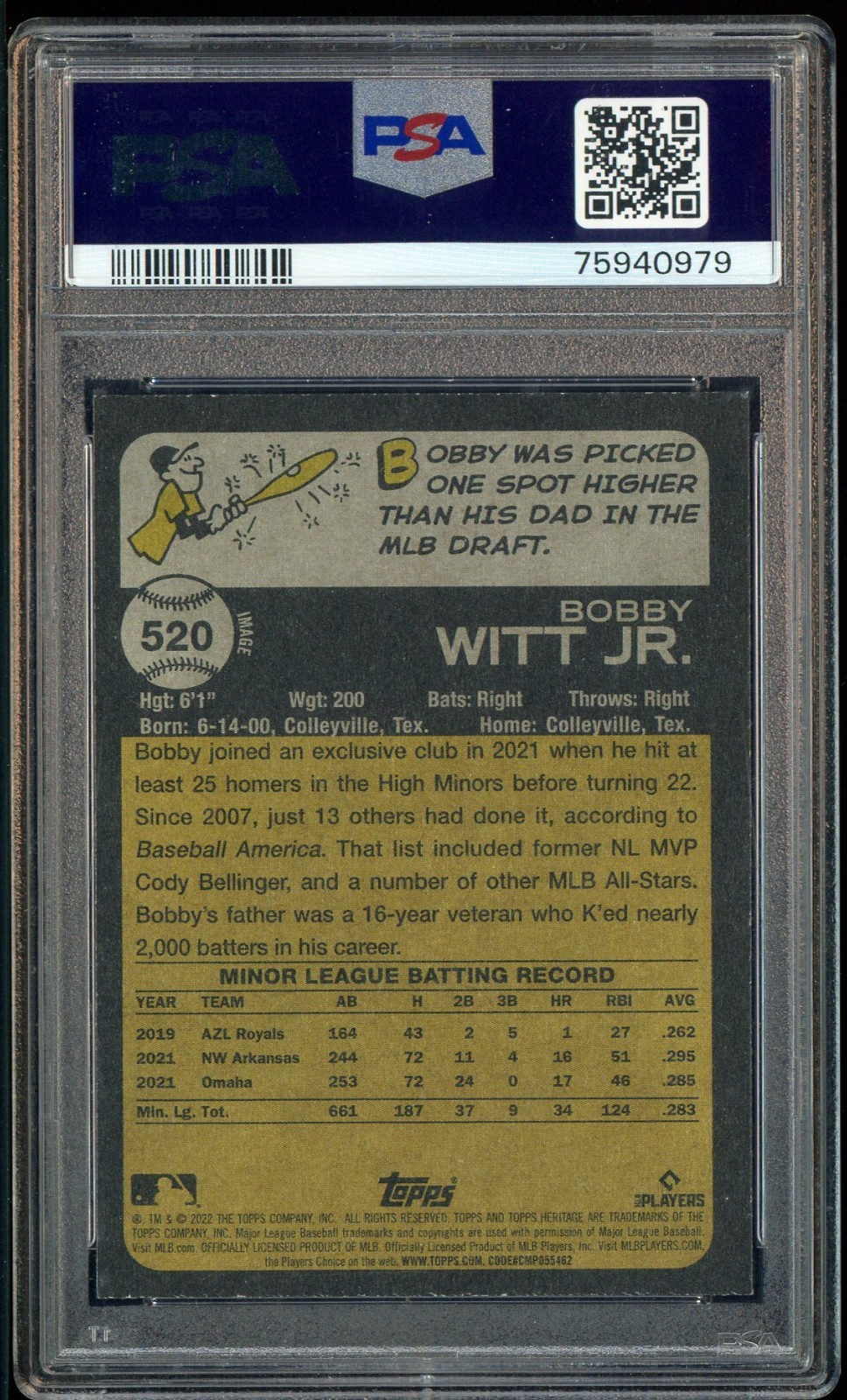 2022 Topps Heritage Image Variation #520 Bobby Witt Jr Royals RC Rookie PSA 8 view 2