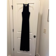 Vintage Reggio Navy Blue Velvet Beaded Halter Neck Maxi Formal Evening Gown 4