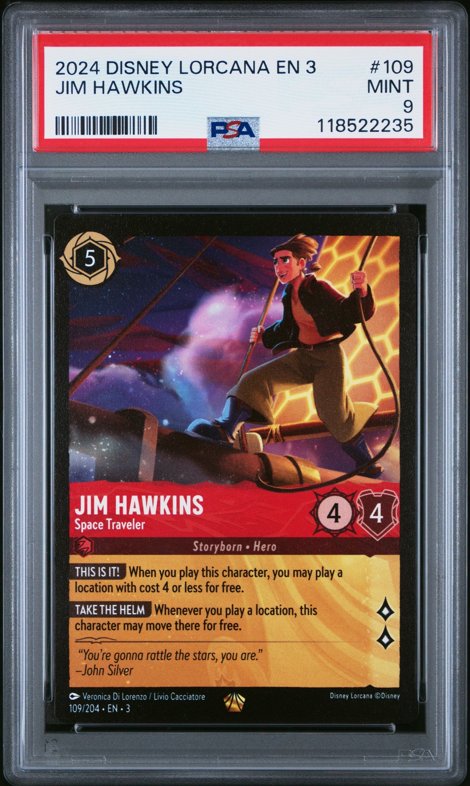2024 DISNEY LORCANA EN 3-INTO THE INKLANDS JIM HAWKINS - SPACE TRAVELER PSA 9