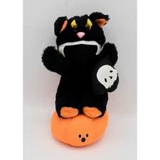 Vintage 9" Dan Brechner Plush Halloween Black Cat on Pumpkin Trick or Treat Bag