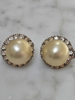 Vintage CINER Faux Mabe Pearl Pave Rhinestones Silverstone Clip On  Earrings