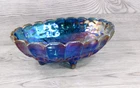 Vintage Iridescent Blue Carnival Glass Harvest Grape Footed Large Fruit Bowl