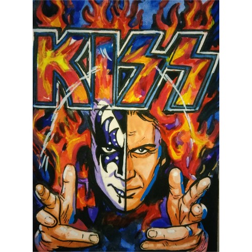 KISS Gene Simmons ❤️ ACEO Original Watercolor Art The Demon Rock Music Portrait 