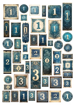 5er SET-Scrapbooking Papier-Junk Journal-Ausschneidebogen-Zahlen-blau-16119