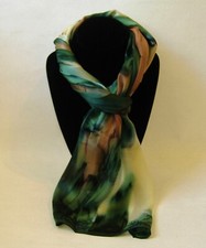 Hand Painted Silk Scarf Green Cream Amber Brown Rectangle Womens Unique New Gift