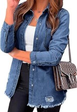 Vetinee Denim Jacket for Women Button Down Shirt Jacket Distressed Shacket XL