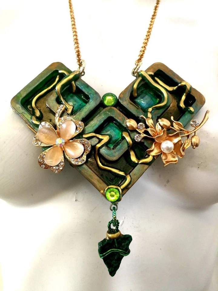 Joyería Geométrica Flor Collar de Lujo Mujer Colgante Oro Cadena Piedra Años 70 60 Foto 2 de 4