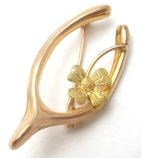 Ostby & Barton Wishbone Pin 10K Gold 4 Leaf Clover OB Brooch Lucky Edwardian