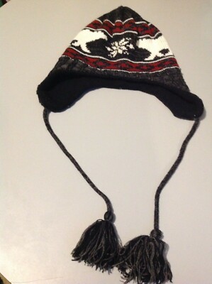 Gray black white and red 14 and older hat beanie knit with tassels polar bear 