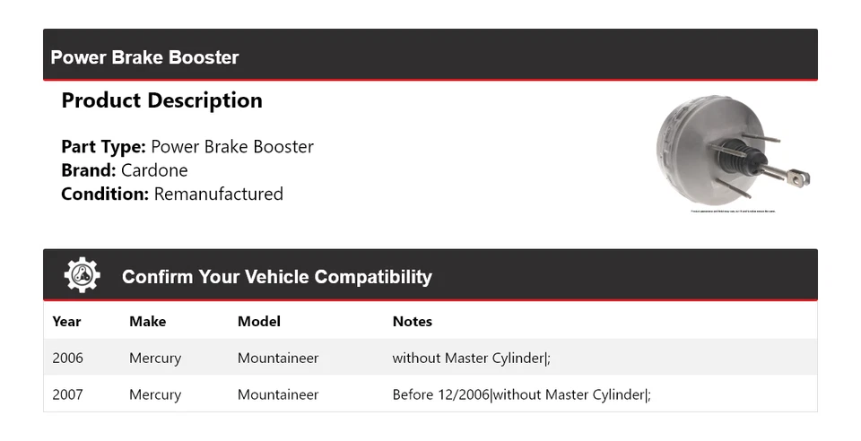 Para 2006-2007 Mercury Mountaineer Power Brake Booster Cardone - Imagem 2 de 4