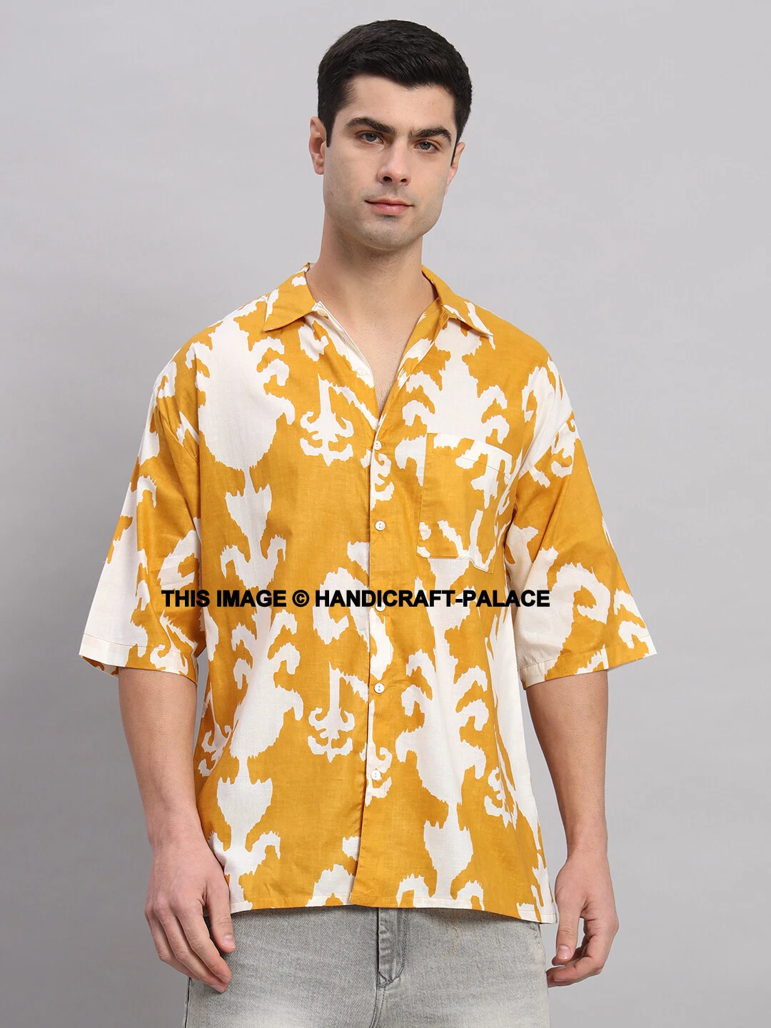 Mens Short Sleeve Cotton Shirt Ikat Print Baggy Button-down Tops Blouse T Shirt
