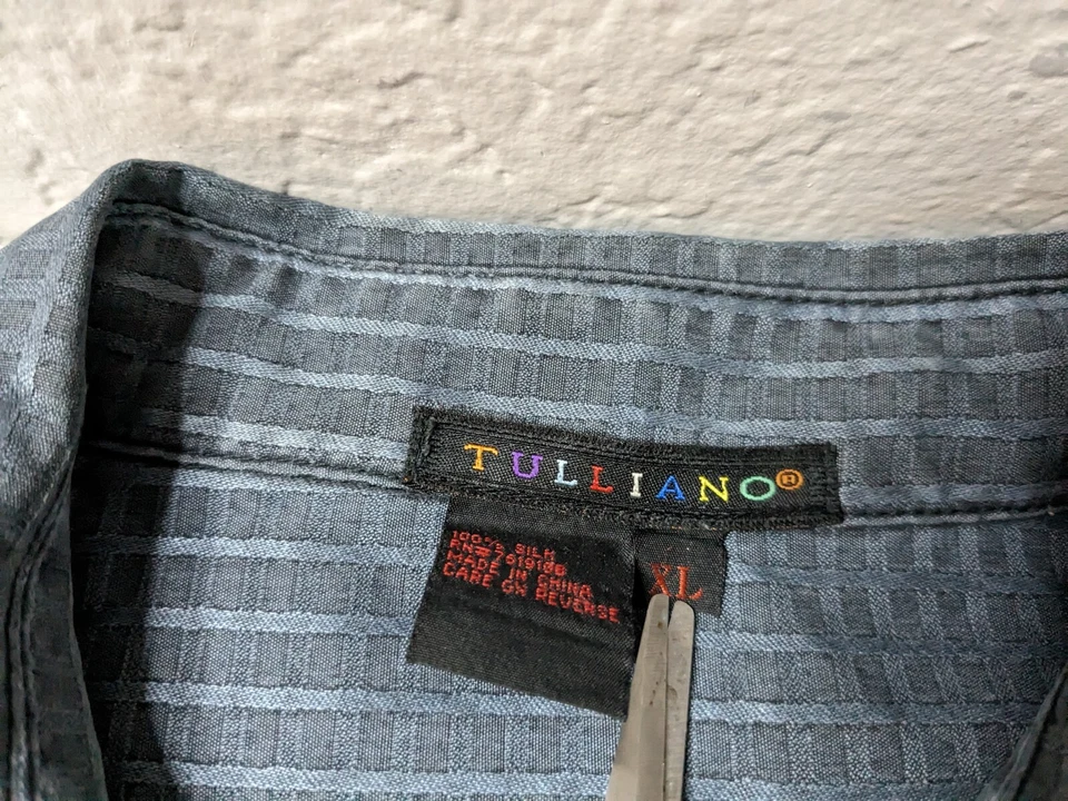 Camisa de seda Tulliano para hombre talla XL azul abotonada manga larga guinga Foto 3 de 4