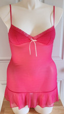 Victoria's Secret Mesh/Lace V Neck Ruffle Hem Babydoll Slip Dress Hot Pink Sz M