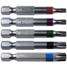 Torx/Star Drive 5 Piece Bit Set 2" Quick Change Shank Color Coded Includes T-...