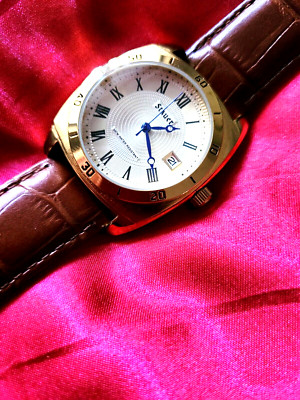  Mint RARE Stauer 30021 Date Leather/Gold Plated Men's Watch