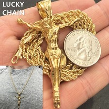 14K GOLD PLATED JESUS BODY PENDANT 24" ROPE CHAIN NECKLACE 31g
