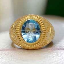 Aquamarine Oval Cut With 925 Sterling Silver Gold Plated Ring For Men's #183 *