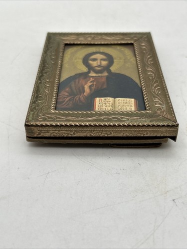 Antique Russian Orthodox Jesus Icon Small Picture In Ornate Frame 3.5x2.75” - Picture 4 of 8