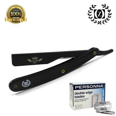 ALL BLACK WET CUT THROAT SHAVETTE STRAIGHT RAZOR RASOIR + 100 PERSONNA BLADES