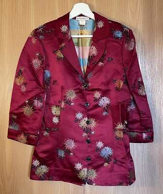 Bryan Emerson Size M Silk Blend Jacket Red Floral Brocade Asian Inspired Blazer