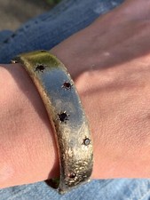 9ct Gold Bangle Celestial Star Design Set Garnets, 1960s Vintage, Textured