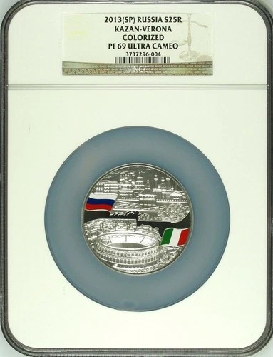 2013 Russia 5oz Silver 25 Roubles Kazan Verona Italy Colorized NGC PF69 Min-1000