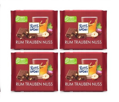4Pcs RITTER SPORT Rum Raisins Hazelnuts German Chocolate Bars Sweets 4x100g