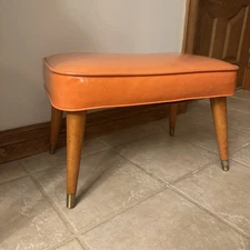Vintage Mid Century Modern Orange Vinyl Footstool/Ottoman Wood Legs 21"x13"x13"