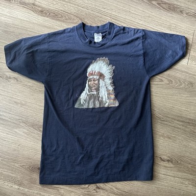 Vintage Native American Warrior Shirt Mens Medium Single Stitch Navy Blue USA
