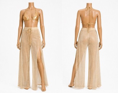 Lulus Sparkling Seas Gold Lurex Swim Cover-Up Pants Women s Small Drawstring