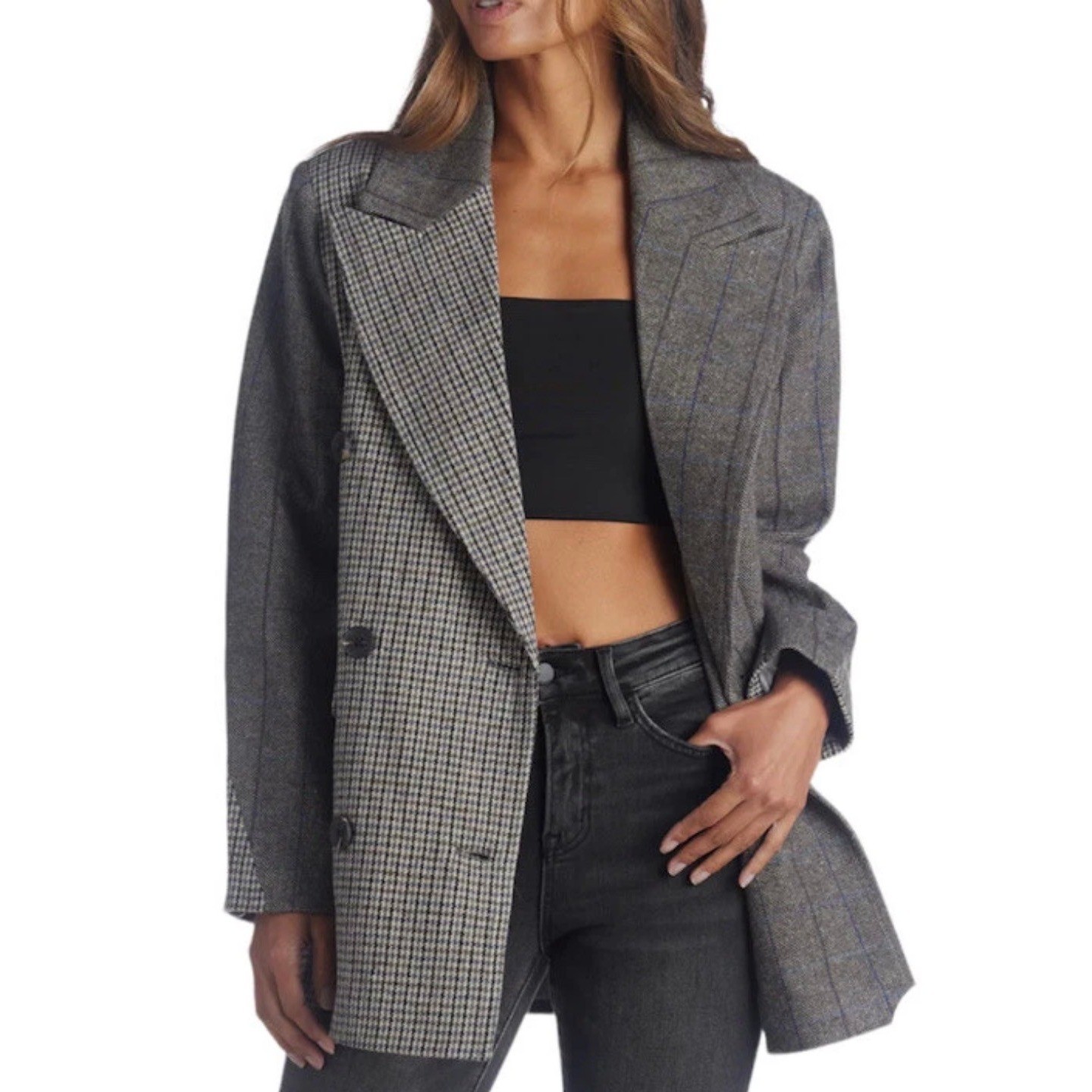 7 For All Mankind Women's Double Breasted Mixed Pattern Blazer Gray Sz L