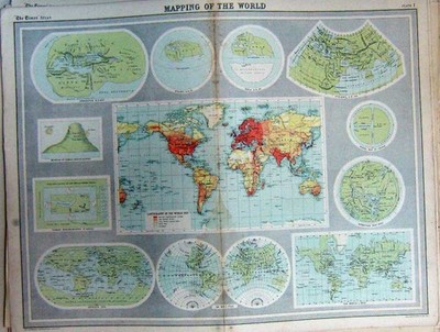 Original Old Antique Print Map World Atlas Cartography Wheel Mountain Cosmas