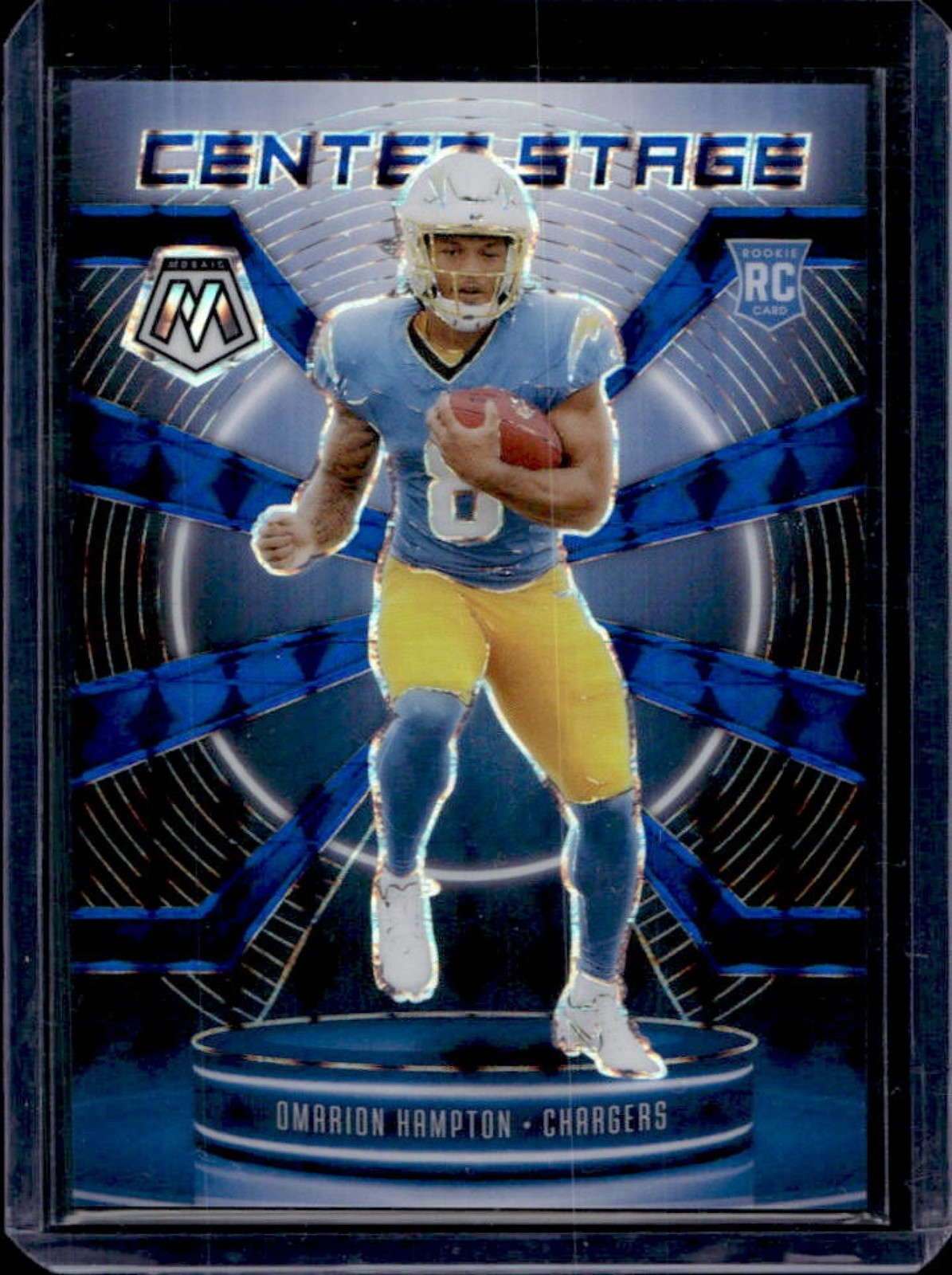 2025 Panini Mosaic Omarion Hampton Center Stage RC Blue Prizm #/99 Chargers