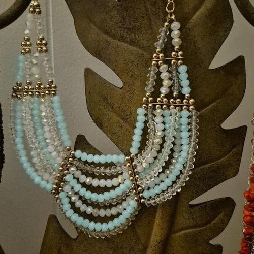 Layered Multi-Strand Beaded Necklace Glass Round Blue/Clear, Gold Spacer Bars - product listing photo