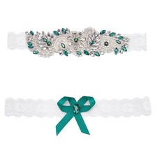 2 Pcs Lace Bridal Garter Rhinestone Wedding Bridal Garter Set Rhinestone Gree...