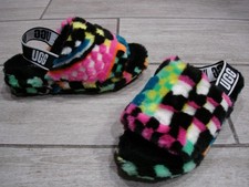 UGG  Women  s Fluff Yeah Colorful Checkered Fur Slippers / Slides Sandals Size 8