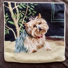 VTG Needlepoint Dog Pillow Cover Westie Yorkshire Terrier  14” x 14” Wool Cotton