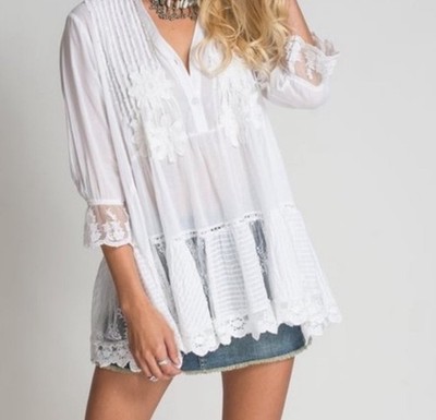 Muche et Muchette White Boho Lace Tunic Top One Size Embroidered Peasant Blouse