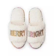 Women's Christmas Slippers Size 7-8 Sherpa Embroidered Merry & Bright