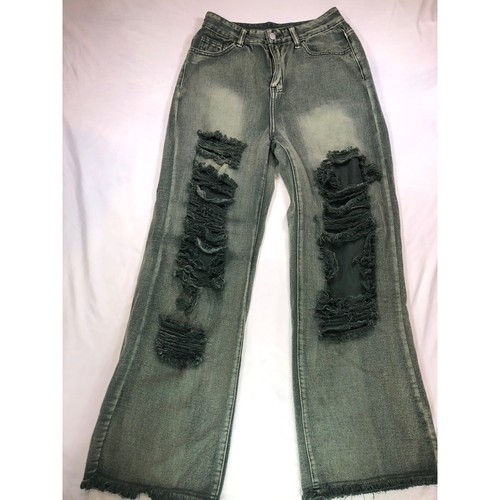 Romwe Womens Distressed Acid Wash Green Jeans High Rise Ripped Straight Leg M 6