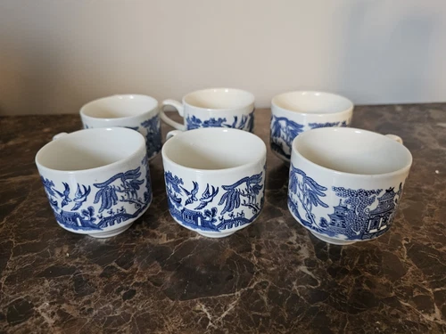 Set of 6 Vintage Blue Willow China Coffee Tea Cups Mugs Made In England