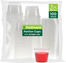 Freshware Plastic Portion Cups with Lids [1 Ounce, 100 1 oz - 100 sets, Clear 