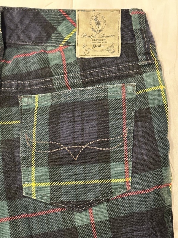 Ralph Lauren YOUTH Girls Size 8 Green Plaid Jeans Straight Leg Cotton Blend