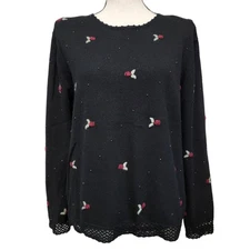 VTG 2000s Christopher & Banks Sweater Womens Sz L Silk Angora Black Floral