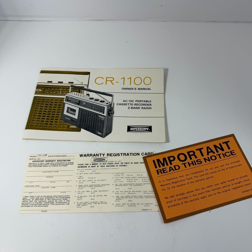 Superscope CR-1100 Owner's Manual & Registration Card Original Cassette Recorder