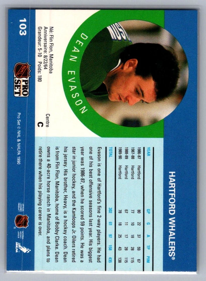 1990-91 Pro Set #103 Dean Evason - Image 2 of 2