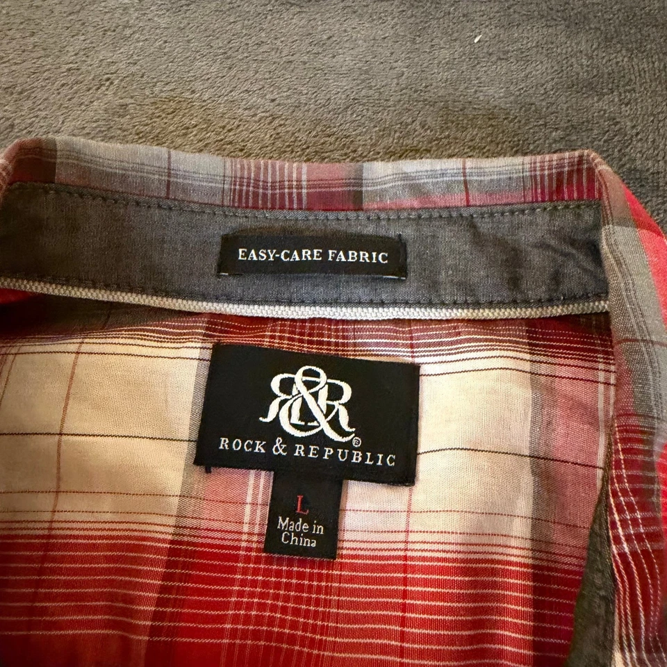 Rock & Republic Red Plaid Western Short Sleeve Button Up Casual Shirt Mens Large - Image 3 of 4