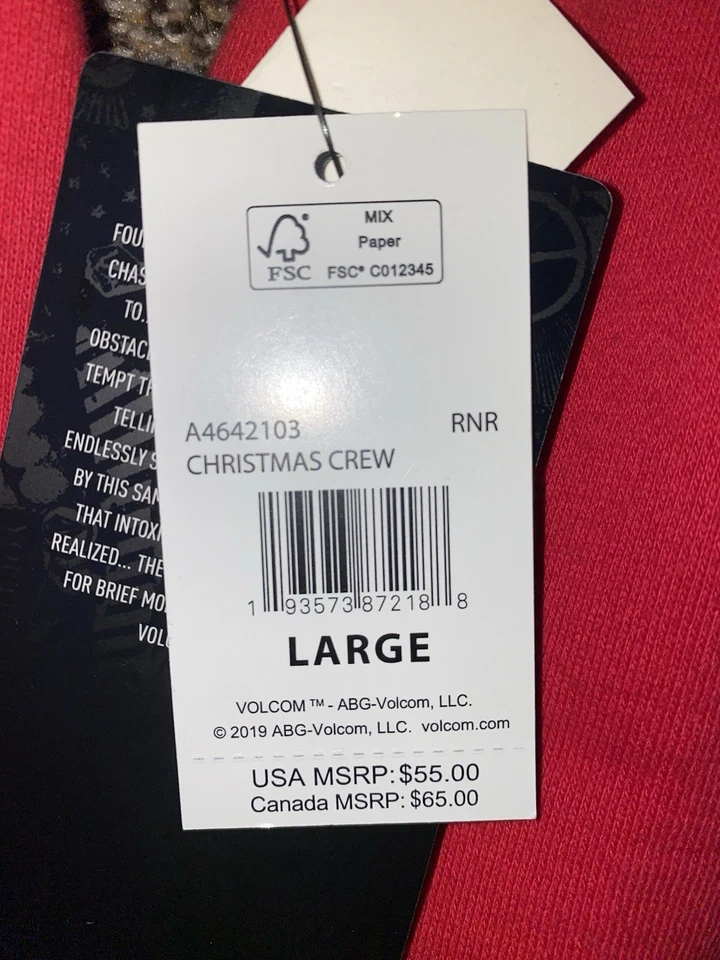 Volcom Men’s Large Red Christmas Themed Crew Neck Sweater NOS 2019 Glows In Dark - Image 4 of 4