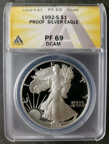 1992 S Proof $1 American Silver Eagle Dollar ANACS PF69 DCAM